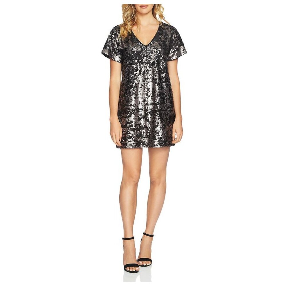 !! 1. State Sequined V-Neck Short Sleeve Shift Party Dress sz M